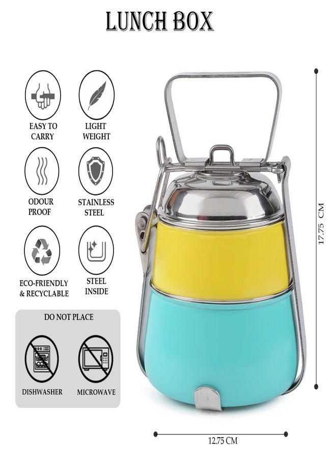 إيلان علبة غداء إيلان من الفولاذ المقاوم للصدأ مع مقبض | علبة طعام بغطاء ومقبض | علبة طعام تقليدية بقسمين | سهلة الحمل | مشبك قفل | للاستخدام في المدارس والمكاتب (600 مل، أصفر-أزرق فاتح) - Image 2